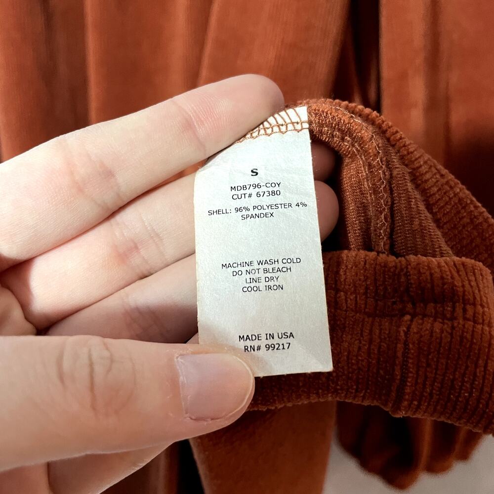 Moa Moa S deep orange corduroy minidress tiered skirt square neck long sleeves - Picture 5 of 7